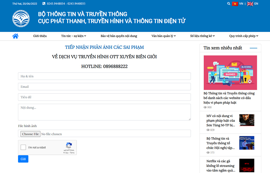 Thiết lập cổng thông tin tiếp nhận, phản ánh các sai phạm về truyền hình trên internet xuyên biên giới